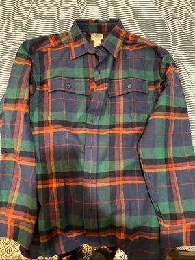 L.L. Bean Navy, Green & Red Plaid Flannel Shirt Jacket - L